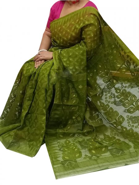 Olive green dhakai jamdani high quality saree